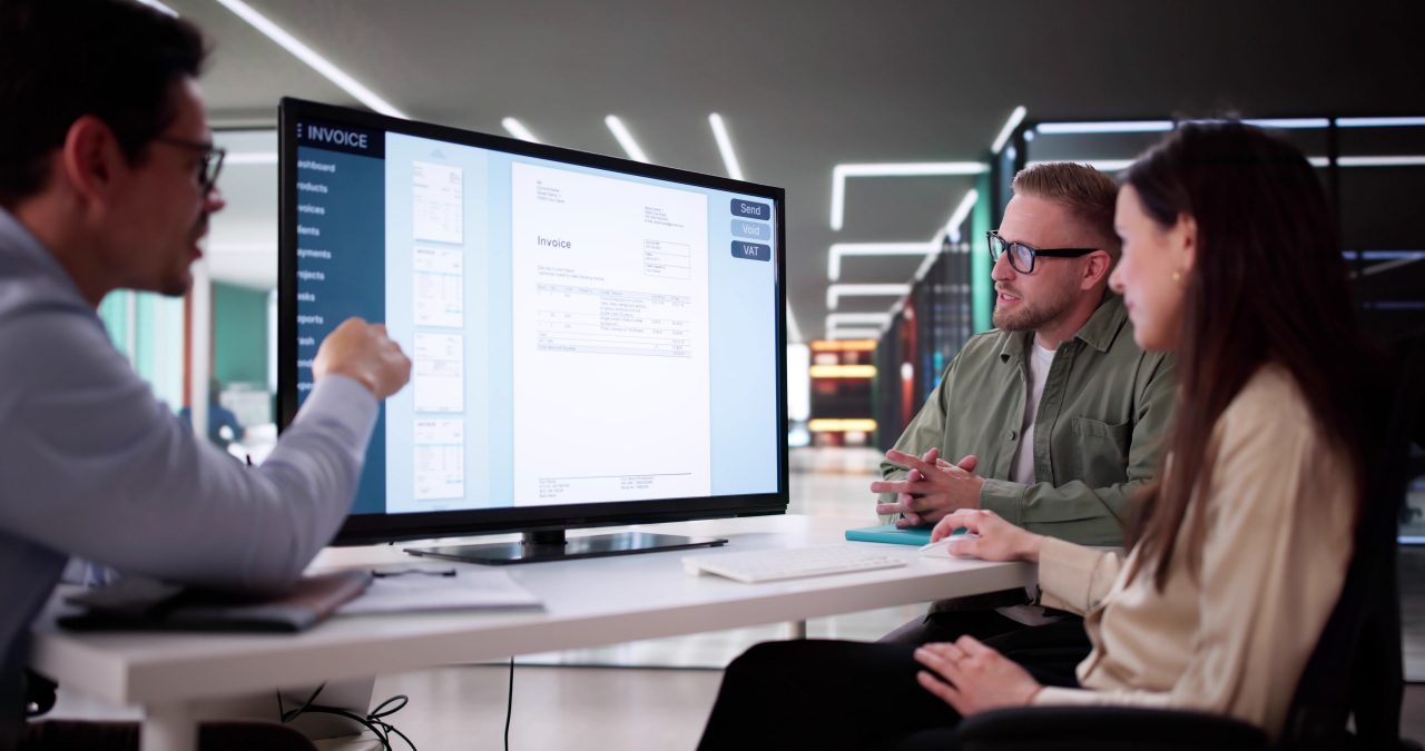 Account Manager Drei Kollegen besprechen gemeinsam Inhalte auf einem großen Bildschirm